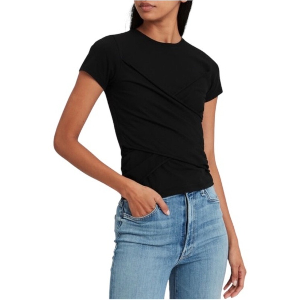 ATM Anthony Thomas Melillo Black Pima Cotton Drape Surplice Baby Tee Small Vneck